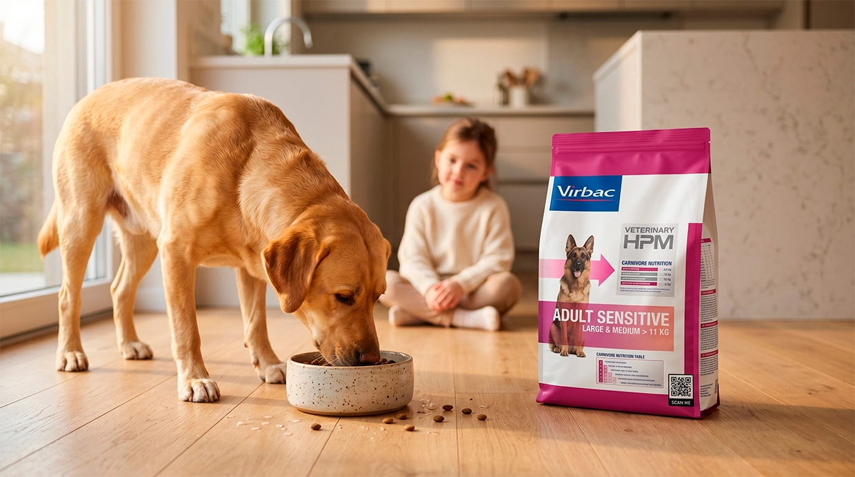 Gos menjant pinso veterinari Virbac HPM a casa, amb el sac de producte al costat